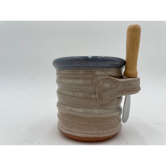Handcrafted Clay Butter Cheese Crock With Wooden Knife Holder & Blue Rim - Picture 3 of 5